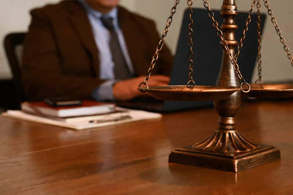 Balanza de la justicia sobre la mesa de un despacho